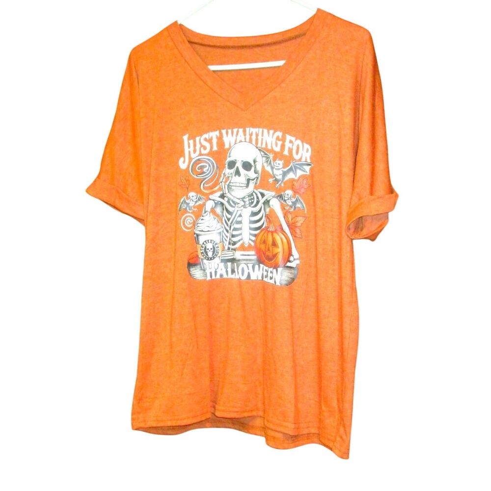 Unisex Adult Orange Halloween Graphic T-Shirt Size Large Skeleton & Pumpkin Fall